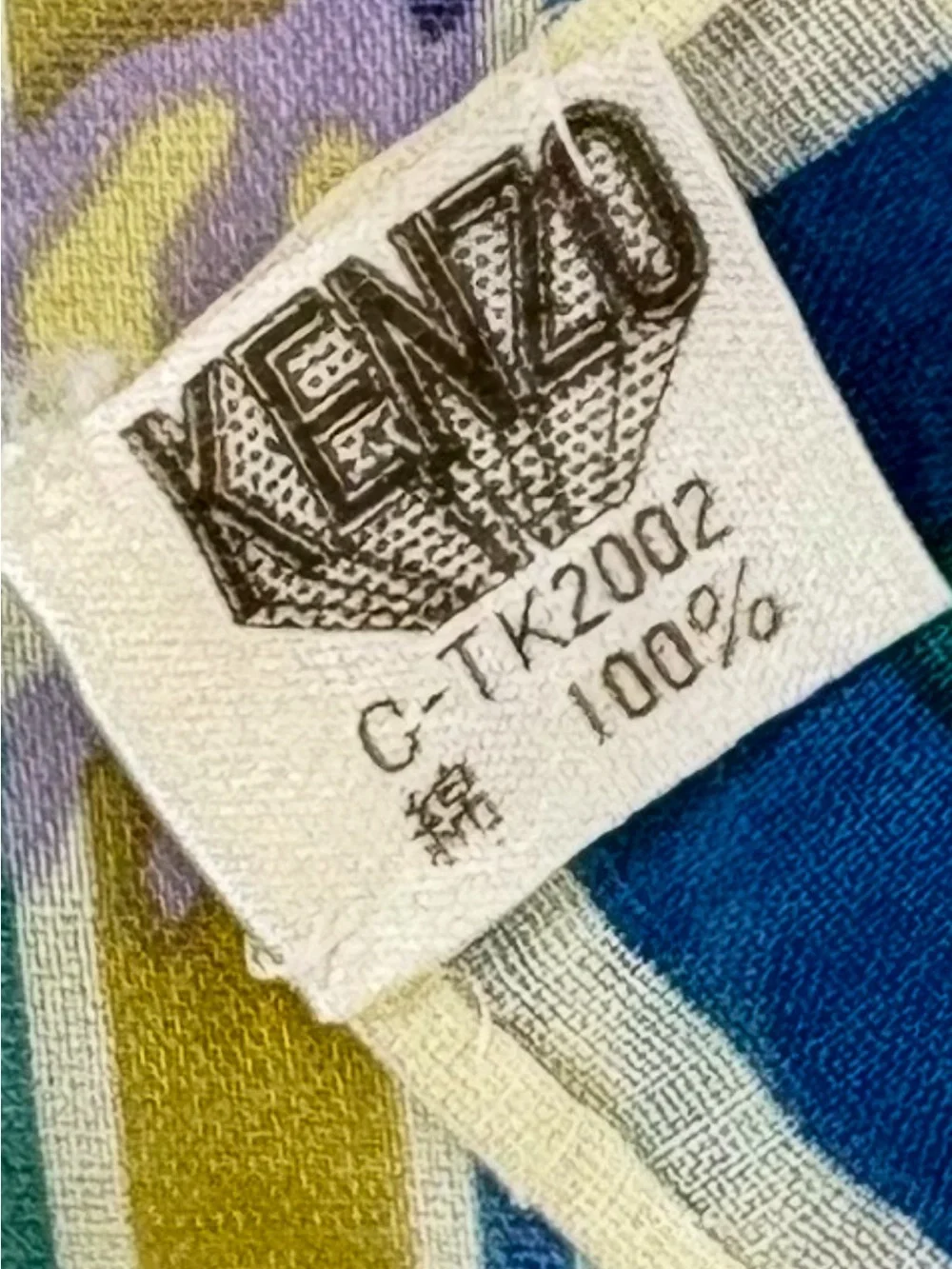Vintage Kenzo Tokyo Cotton Scarf Plaid Teal Yellow Floral 28” Japan